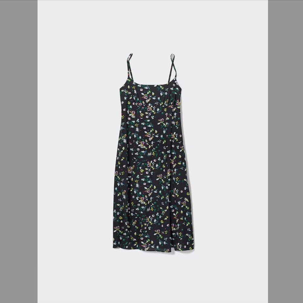 Uniqlo Black Floral Printed Front Slit Camisole Dress Size Large Women's